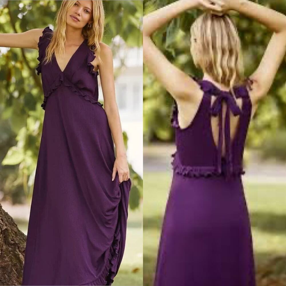 Anthropologie Purple Ruffle Sleeve Maxi Dress V Neck Size Medium NWOT